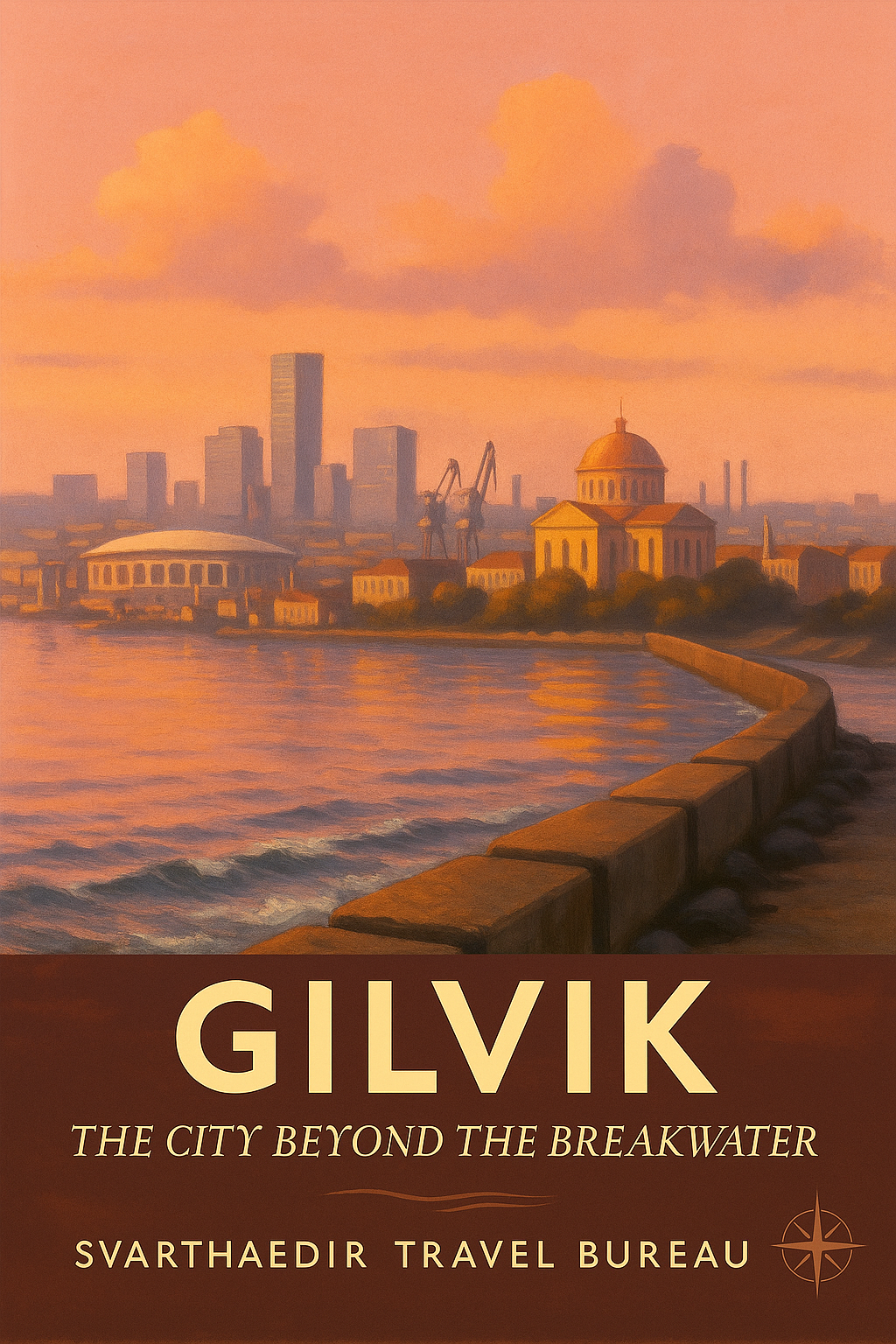 Painting of a city sheltered behind a breakwater